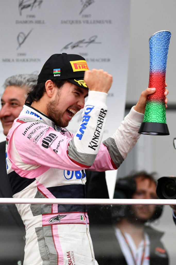 www.sutton-images.com Sergio Perez (MEX) Force India celebrates on the podium with the trophy at Formula One World Championship, Rd4, Azerbaijan Grand Prix, Race, Baku City Circuit, Baku, Azerbaijan, Sunday 29 April 2018.