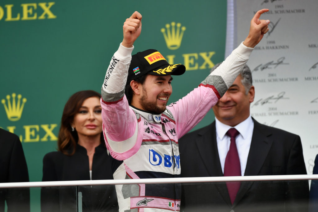 www.sutton-images.com Sergio Perez (MEX) Force India celebrates on the podium at Formula One World Championship, Rd4, Azerbaijan Grand Prix, Race, Baku City Circuit, Baku, Azerbaijan, Sunday 29 April 2018.